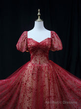 Burgundy A line Tulle Sequin Long Prom Dress Burgundy Tulle Formal Evening Dress